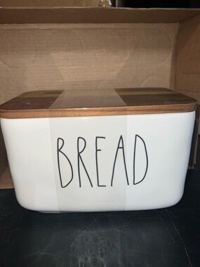 Rae Dunn White Ceramic Bread Box with Wood Lid